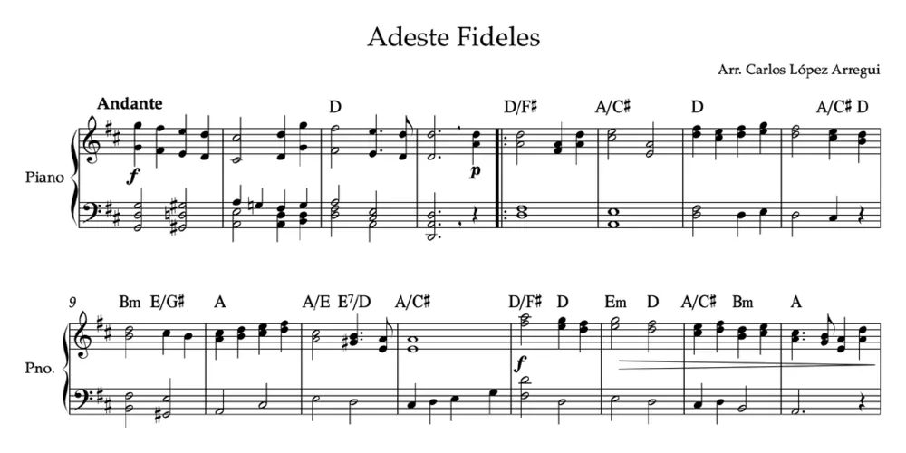 Primera parte de la partitura de Adeste fideles para piano, en Re mayor, con los acordes en cifrado americano