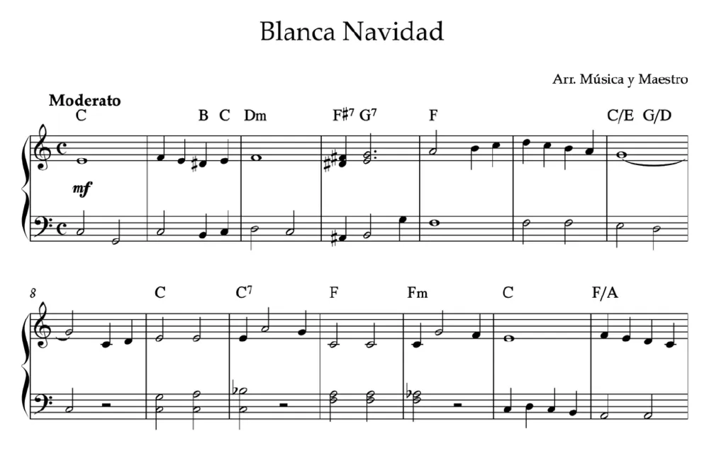 Primera parte de la partitura de Blanca Navidad para piano, en Do mayor, con los acordes en cifrado americano