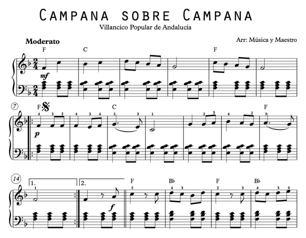 Primera parte de la partitura de Campana sobre campana para piano, en Fa mayor, con los acordes en cifrado americano