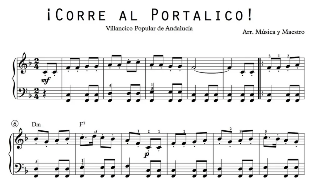 Primera parte de la partitura de Corre al portalico para piano, en Fa mayor, con los acordes en cifrado americano