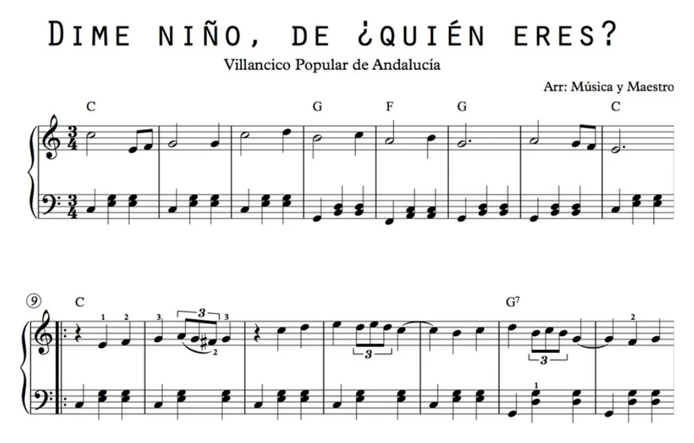 Primera parte de la partitura de Dime, Niño, ¿de quién eres? para piano, en Do mayor, con los acordes en cifrado americano