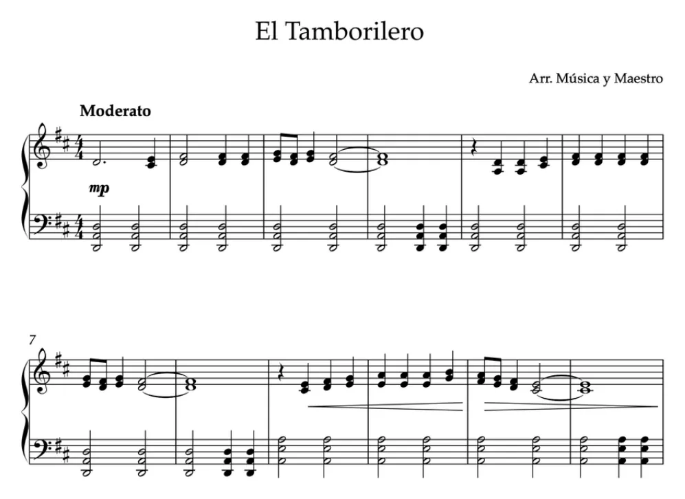 Primera parte de la partitura de El tamborilero para piano, en Re mayor, con los acordes en cifrado americano