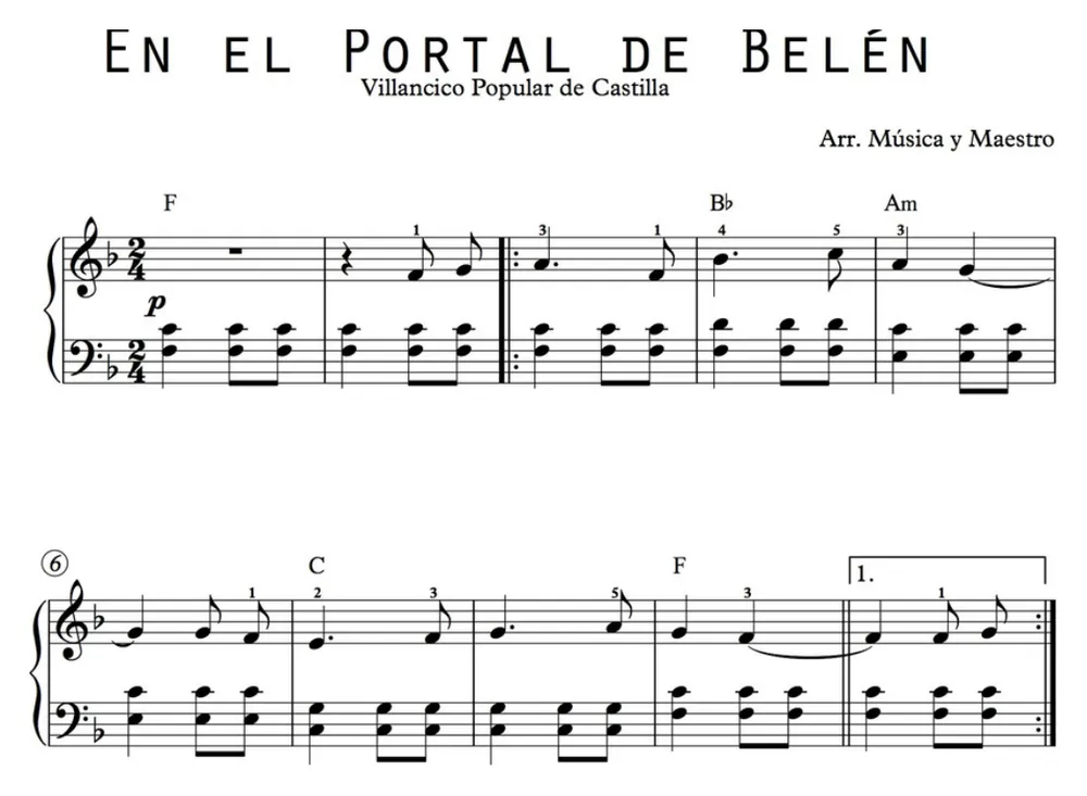 Primera parte de la partitura de En el portal de Belén para piano, en Fa mayor, con los acordes en cifrado americano