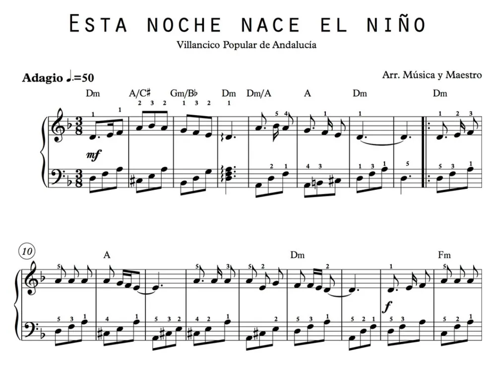 Primera parte de la partitura de Esta noche nace el Niño para piano, en Re menor, con los acordes en cifrado americano