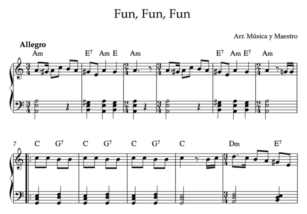 Primera parte de la partitura de Veinticinco de diciembre (Fum, fum, fum) para piano, en La menor, con los acordes en cifrado americano