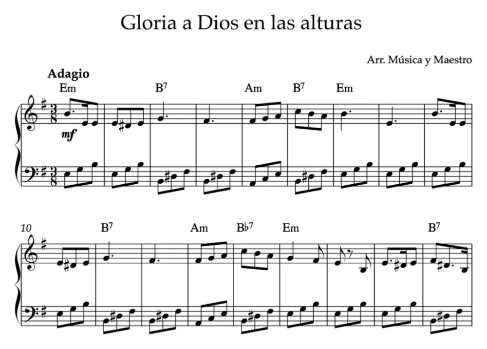 Primera parte de la partitura de Gloria a Dios en las alturas para piano, en Mi menor, con los acordes en cifrado americano