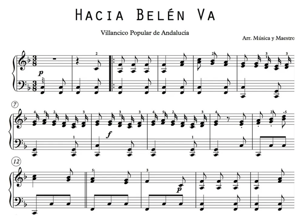 Primera parte de la partitura de Hacia Belén va una burra para piano, en Fa mayor, con los acordes en cifrado americano