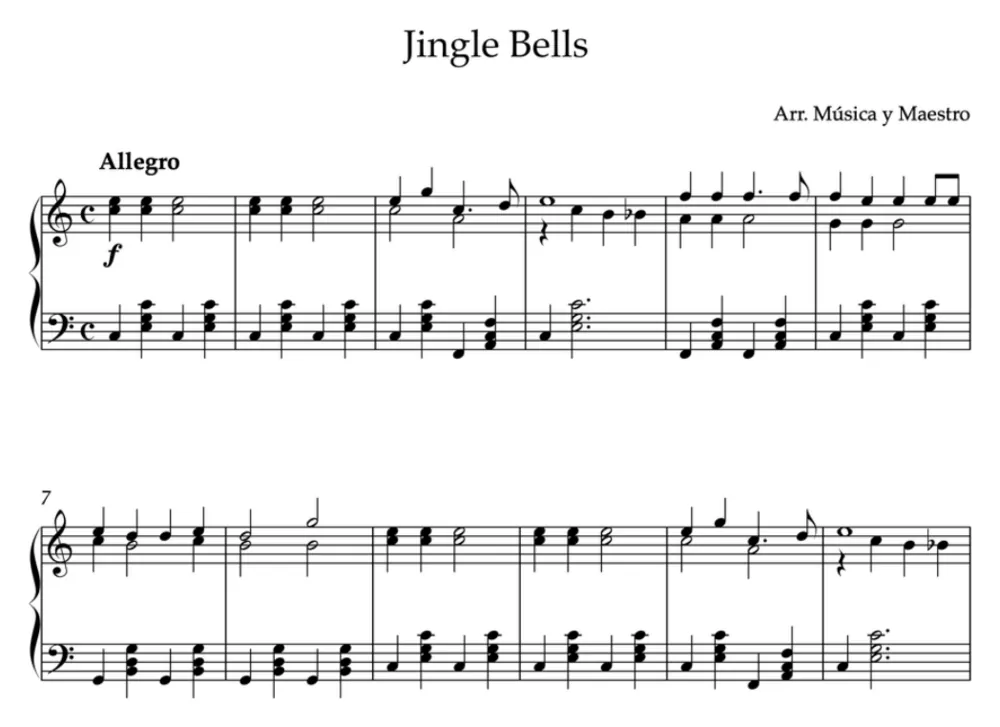 Primera parte de la partitura de Jingle Bells para piano, en Do mayor, con los acordes en cifrado americano