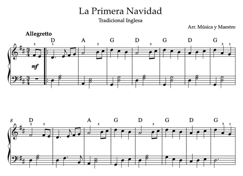 Primera parte de la partitura de La primera Navidad para piano, en Re mayor, con los acordes en cifrado americano