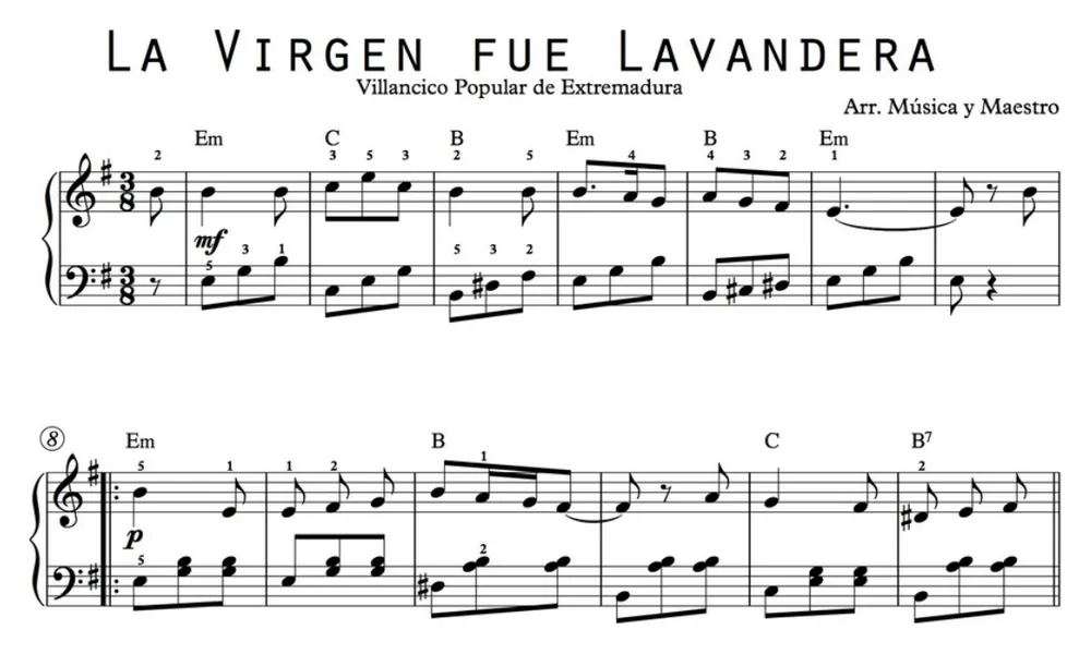 Primera parte de la partitura de La Virgen fue lavandera para piano, en Mi menor, con los acordes en cifrado americano