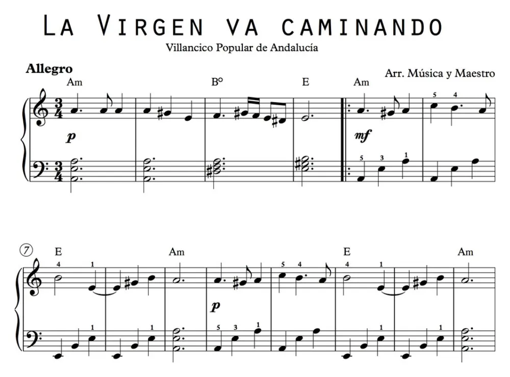 Primera parte de la partitura de La Virgen va caminando para piano, en La menor, con los acordes en cifrado americano
