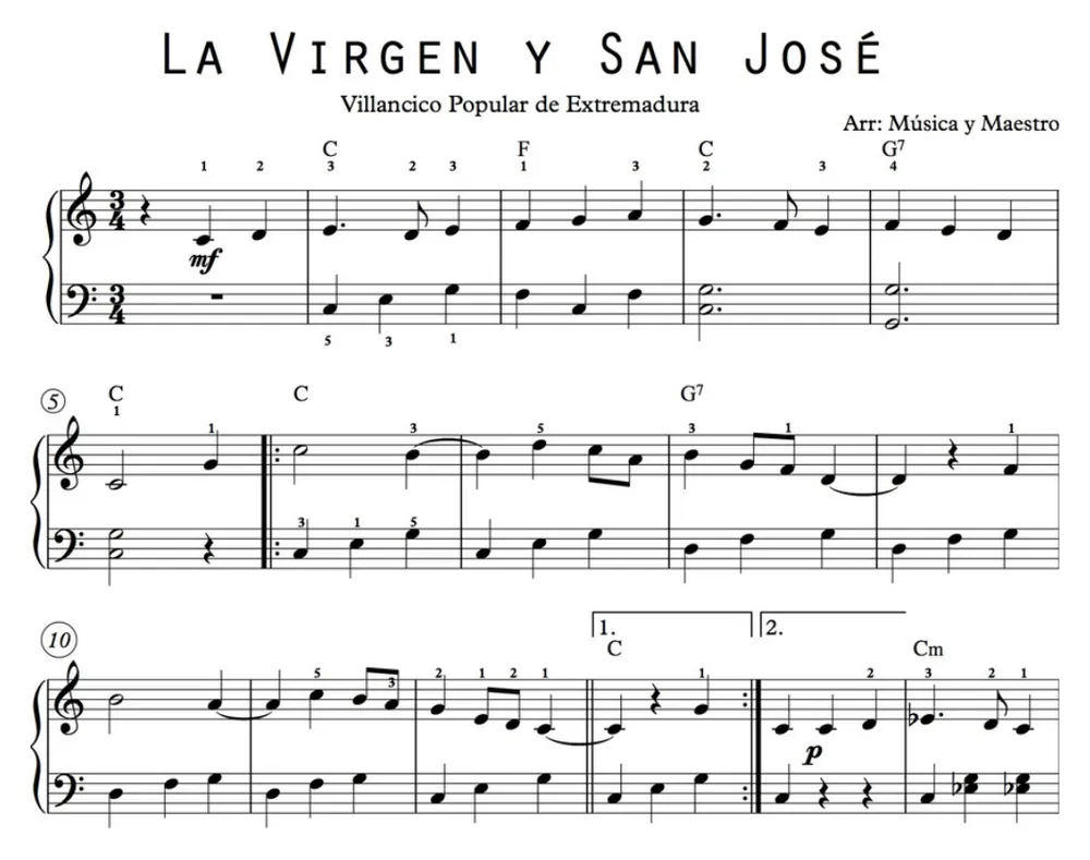 Primera parte de la partitura de La Virgen y San José para piano, en Do mayor, con los acordes en cifrado americano