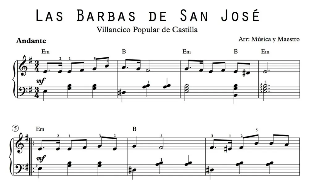 Primera parte de la partitura de Las barbas de San José para piano, en Mi menor, con los acordes en cifrado americano