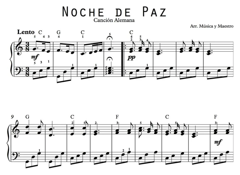 Primera parte de la partitura de Noche de paz para piano, en Do mayor, con los acordes en cifrado americano