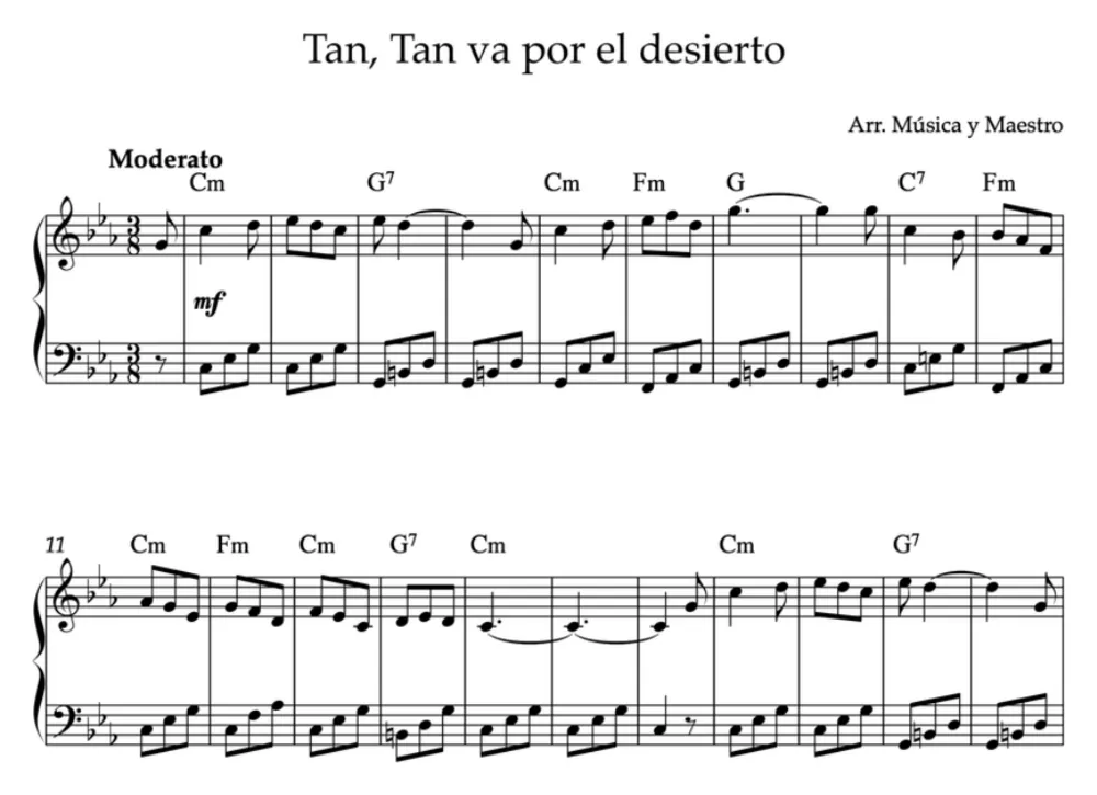 Primera parte de la partitura de Tan, tan, van por el desierto para piano, en Do menor, con los acordes en cifrado americano
