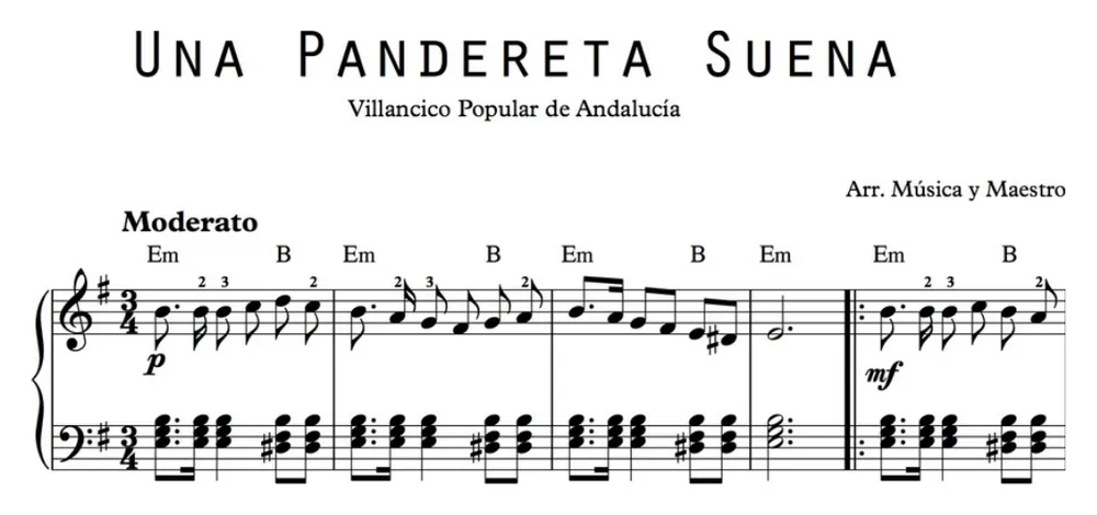 Primera parte de la partitura de Una pandereta suena para piano, en Mi menor, con los acordes en cifrado americano