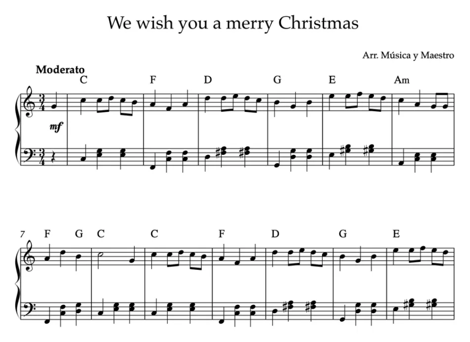 Primera parte de la partitura de We wish you a merry Christmas para piano, en Do mayor, con los acordes en cifrado americano