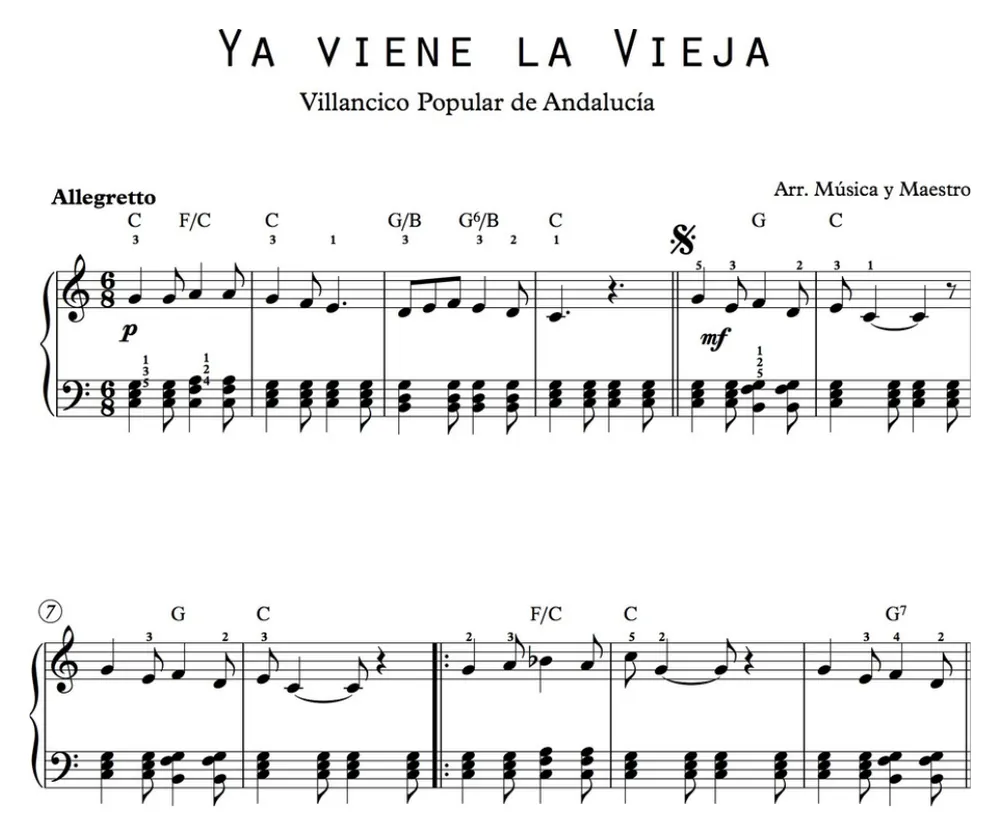 Primera parte de la partitura de Ya viene la vieja para piano, en Do mayor, con los acordes en cifrado americano
