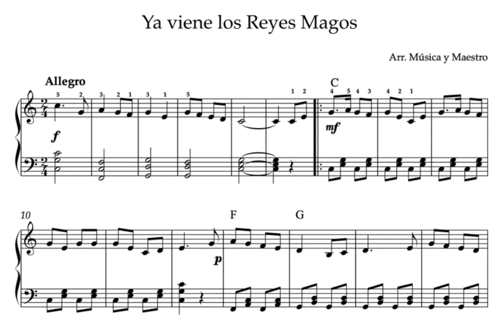 Primera parte de la partitura de Ya vienen los Reyes Magos para piano, en Do mayor, con los acordes en cifrado americano